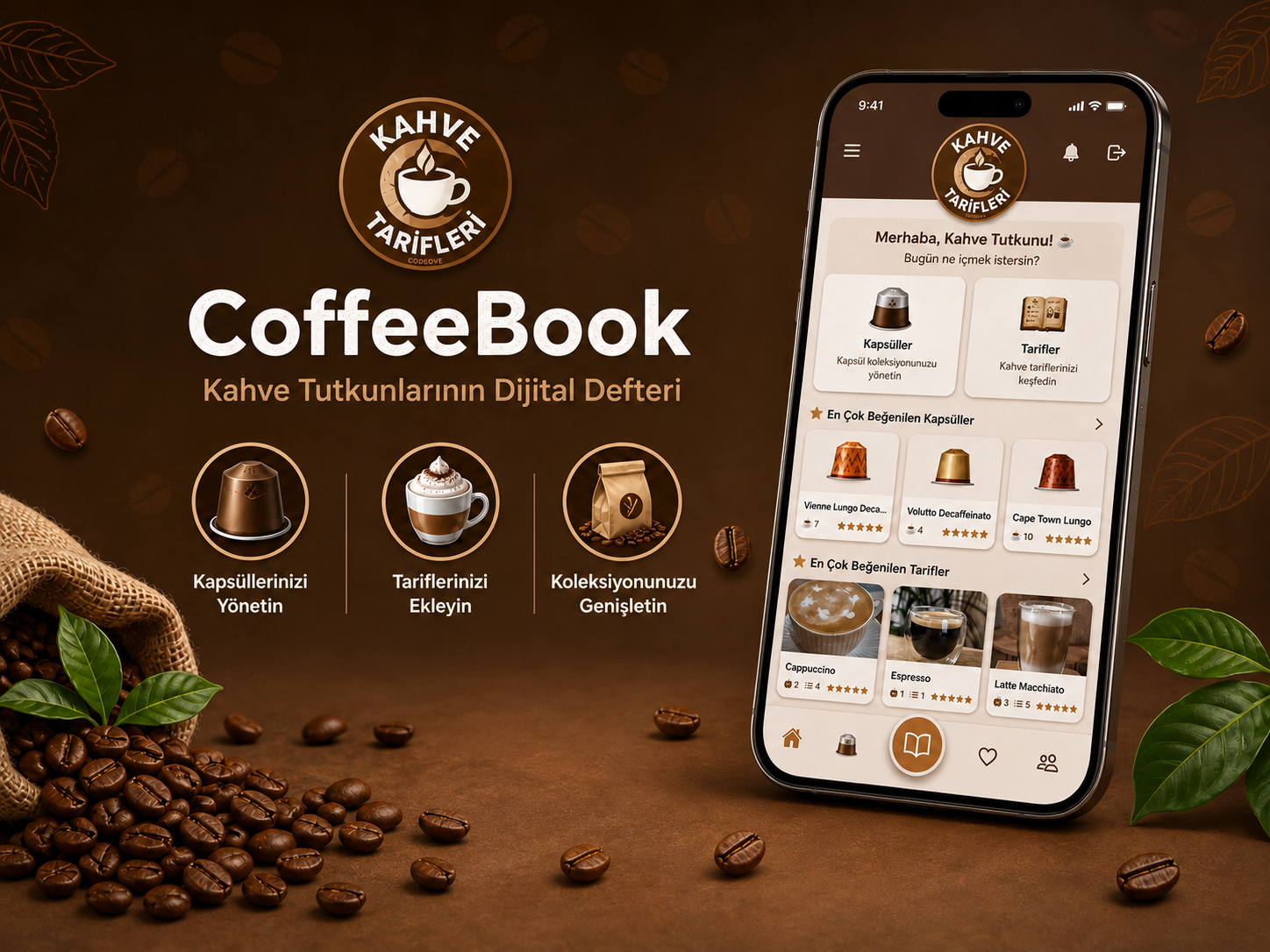 CoffeeBook tanıtım görseli ve uygulama ekranı